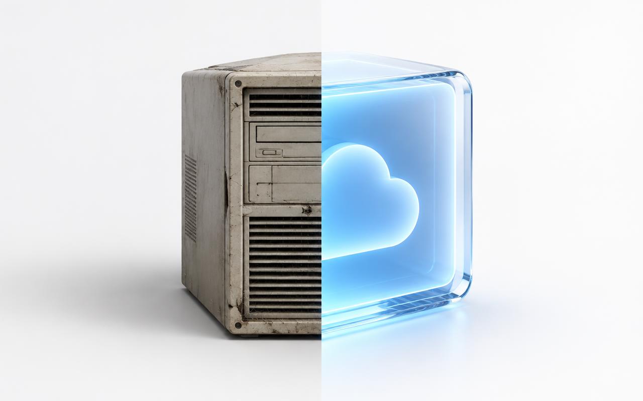 Verouderde server naast moderne cloud